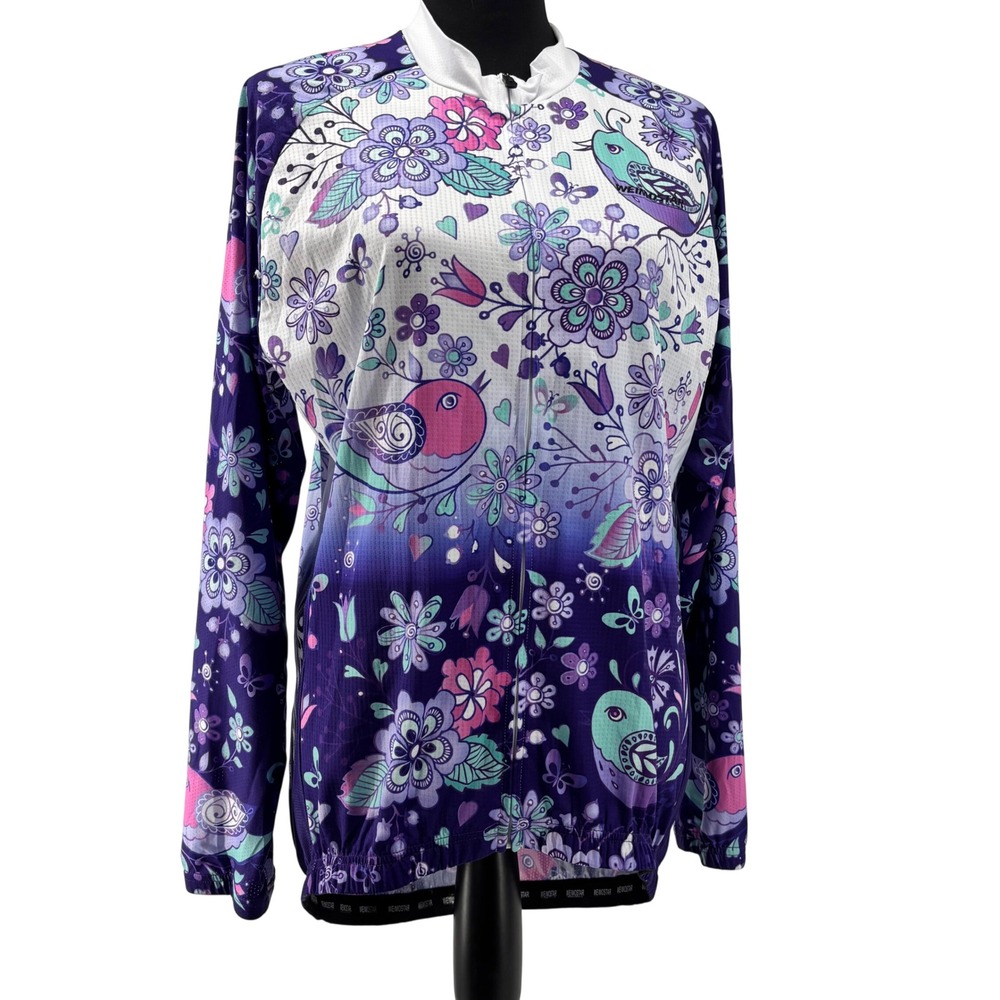 Weimostar Womens XL Cycling Jersey Long Sleeve Purple Floral Bird Full Zip Mesh